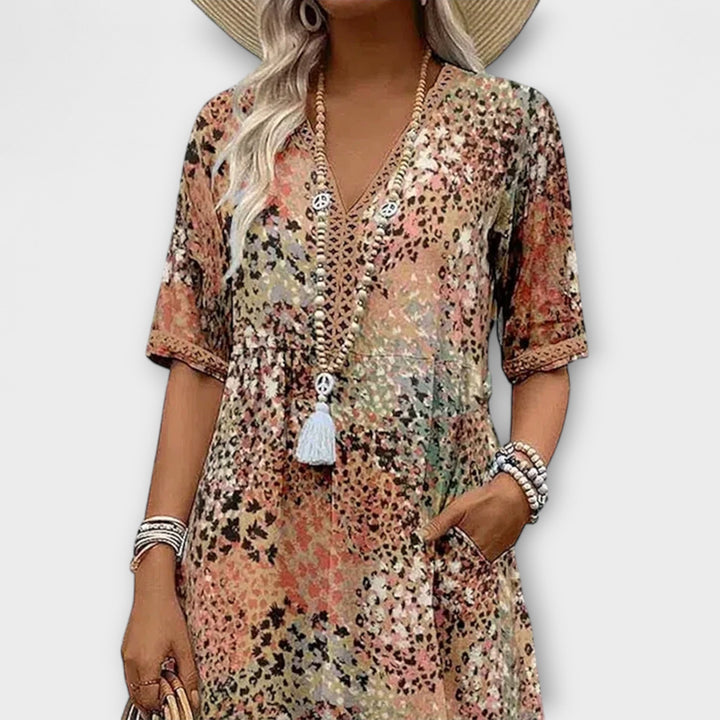 Danielle - Women's Colorful Midi Dress Featuring Convenient Pockets