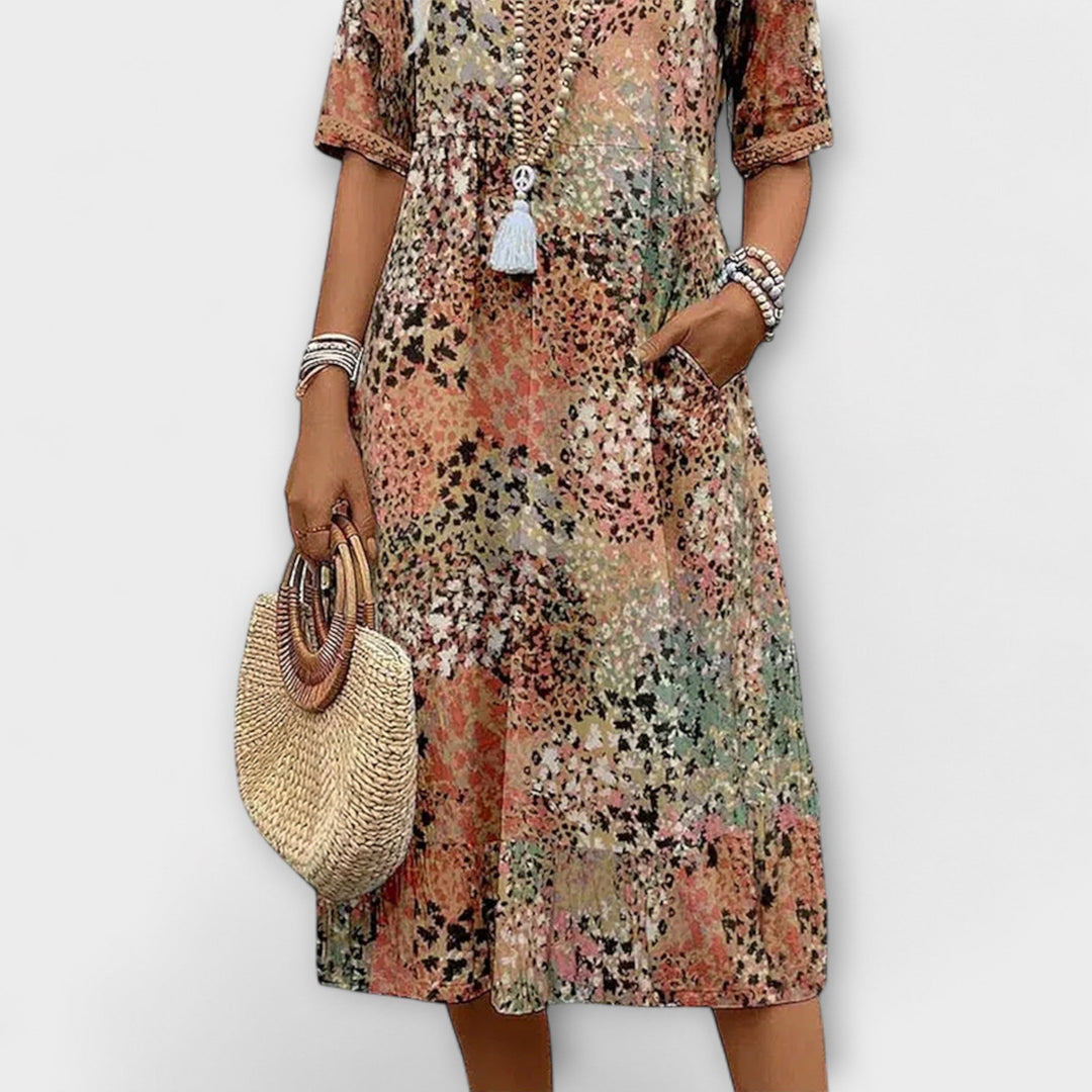 Danielle - Women's Colorful Midi Dress Featuring Convenient Pockets