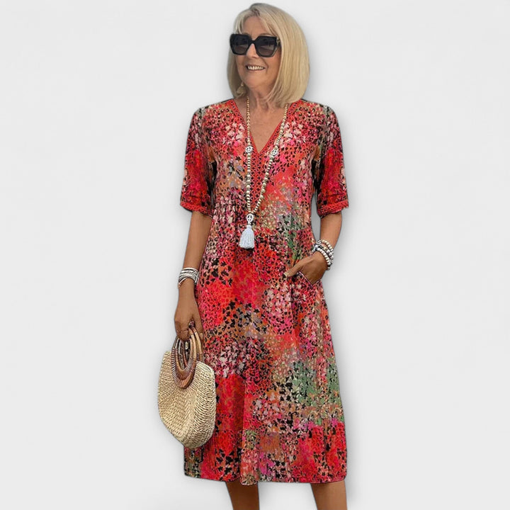 Danielle - Women's Colorful Midi Dress Featuring Convenient Pockets