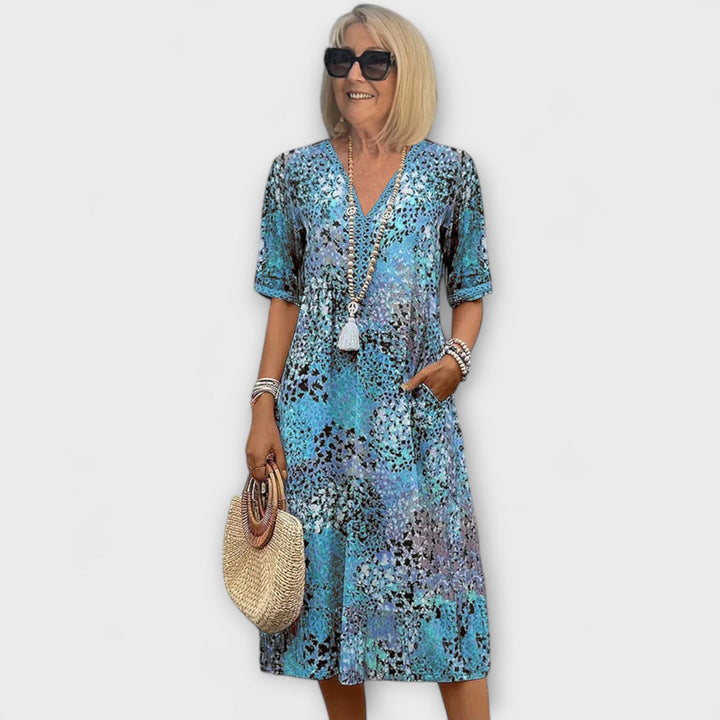 Danielle - Women's Colorful Midi Dress Featuring Convenient Pockets