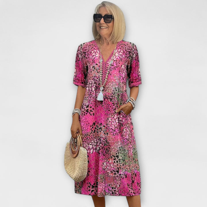 Danielle - Women's Colorful Midi Dress Featuring Convenient Pockets