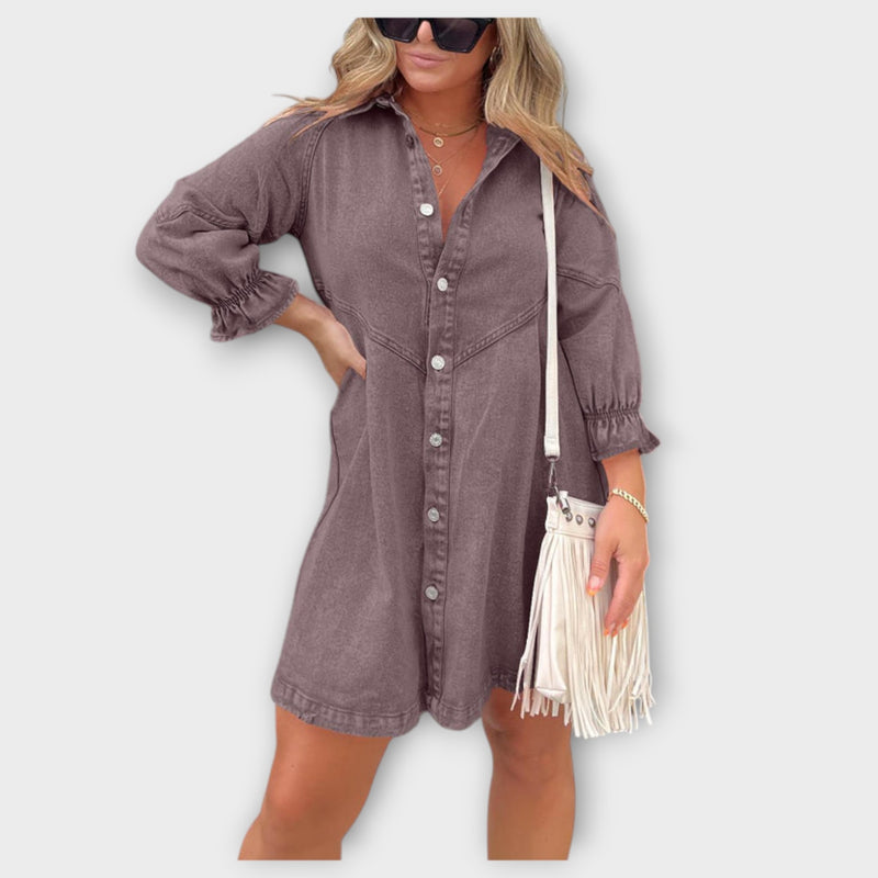 Galilea - Stylish Denim Midi Dress with Turn-Down Collar