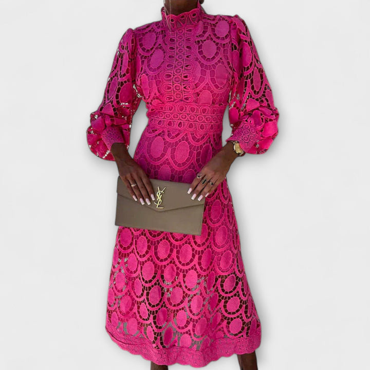 Lennon - Women's Long Dress with Stand Collar and Cut-Out Design