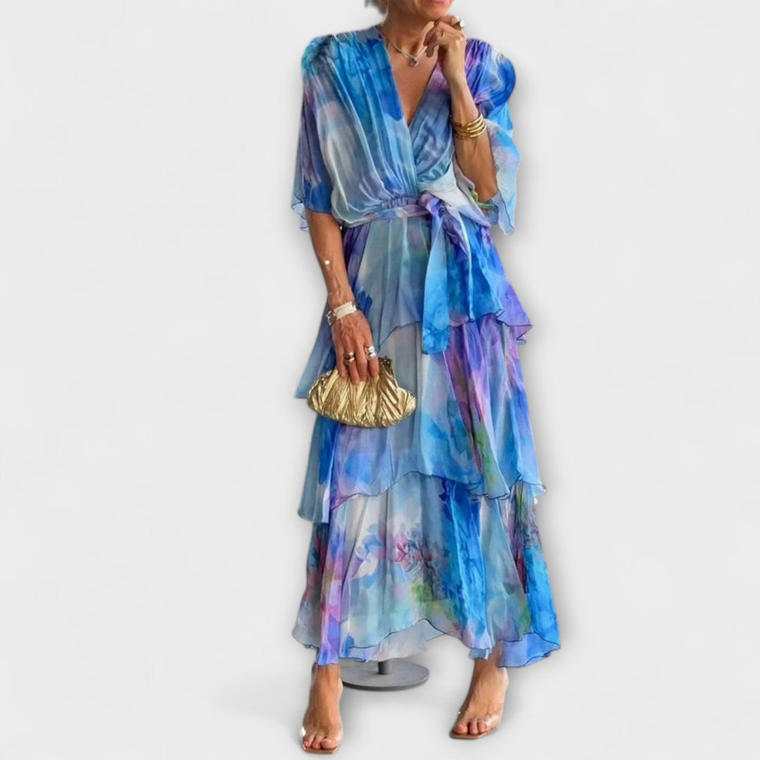 Nysa - Tiered Chiffon Dress with Spring Floral Print