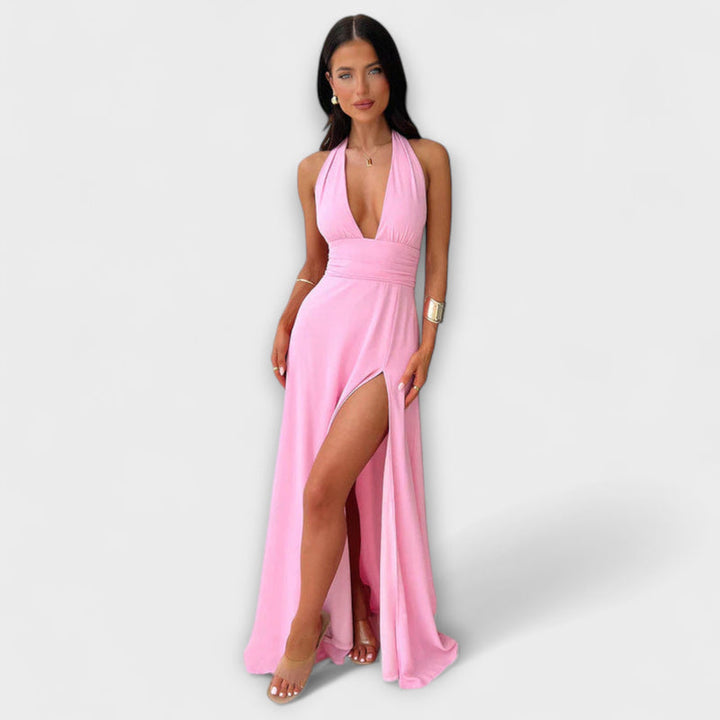 Delia - Backless Party Dress with Lace-Up Plunge Neck