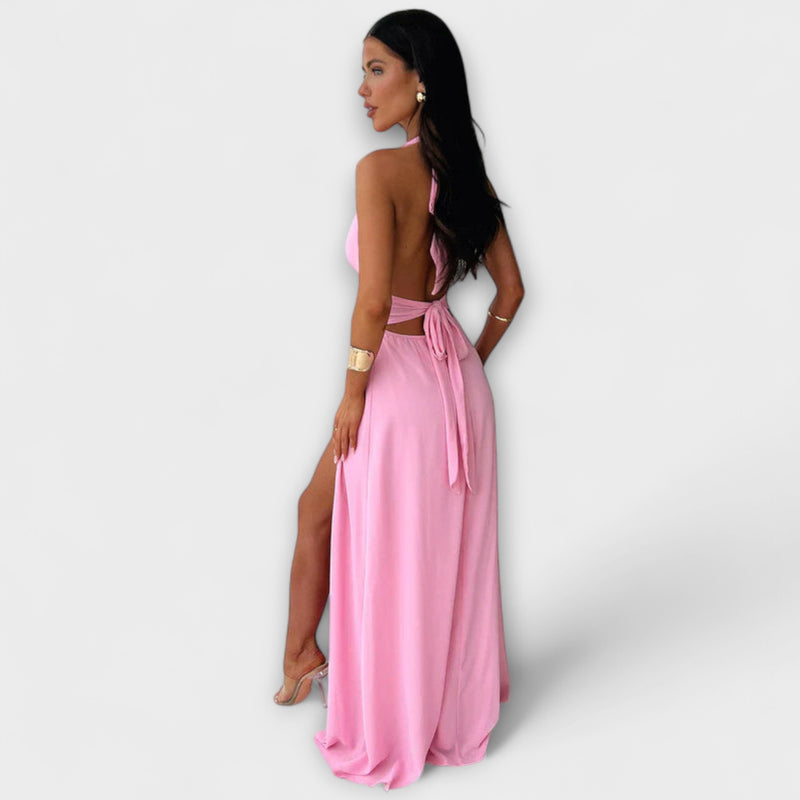 Delia - Backless Party Dress with Lace-Up Plunge Neck