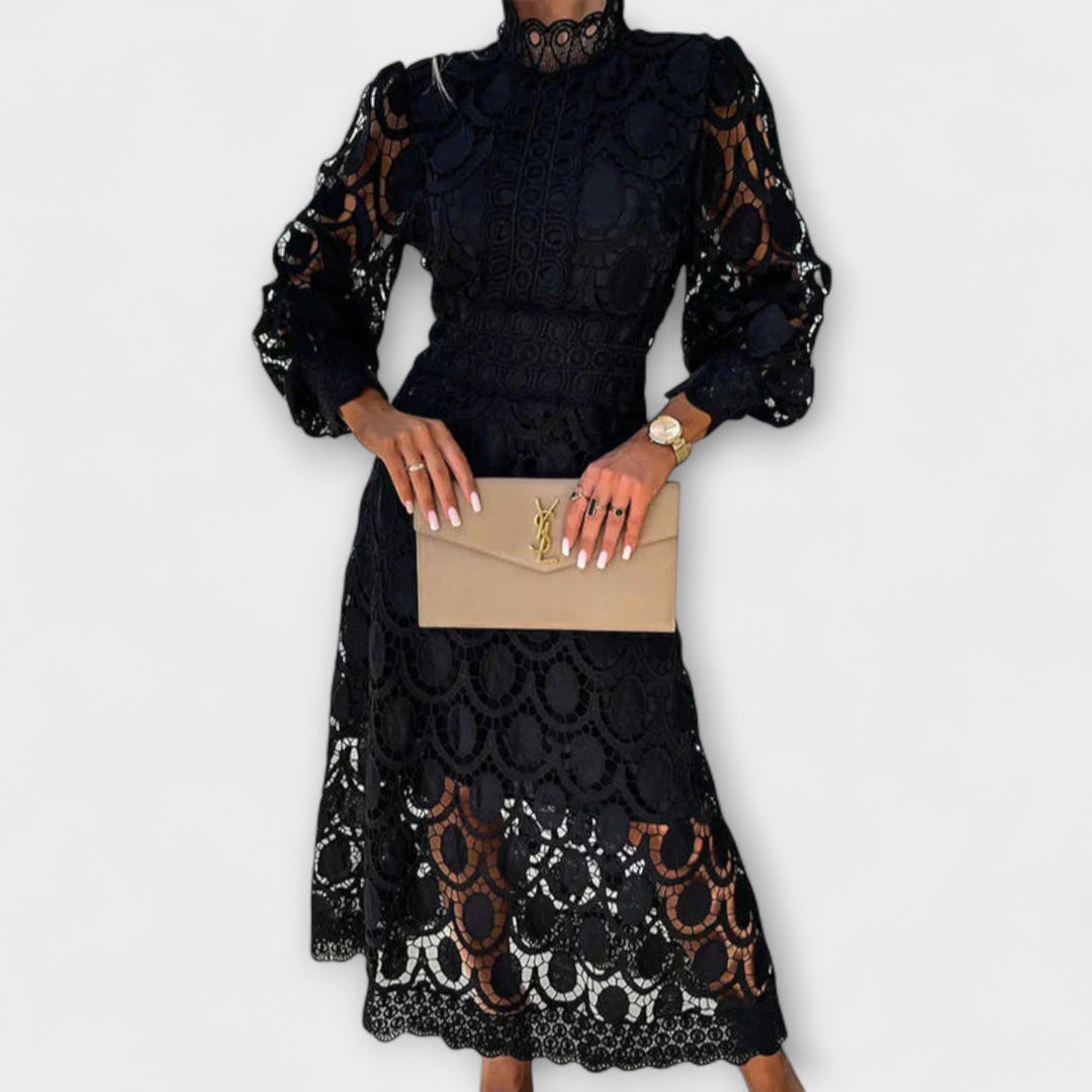 Lennon - Women's Long Dress with Stand Collar and Cut-Out Design
