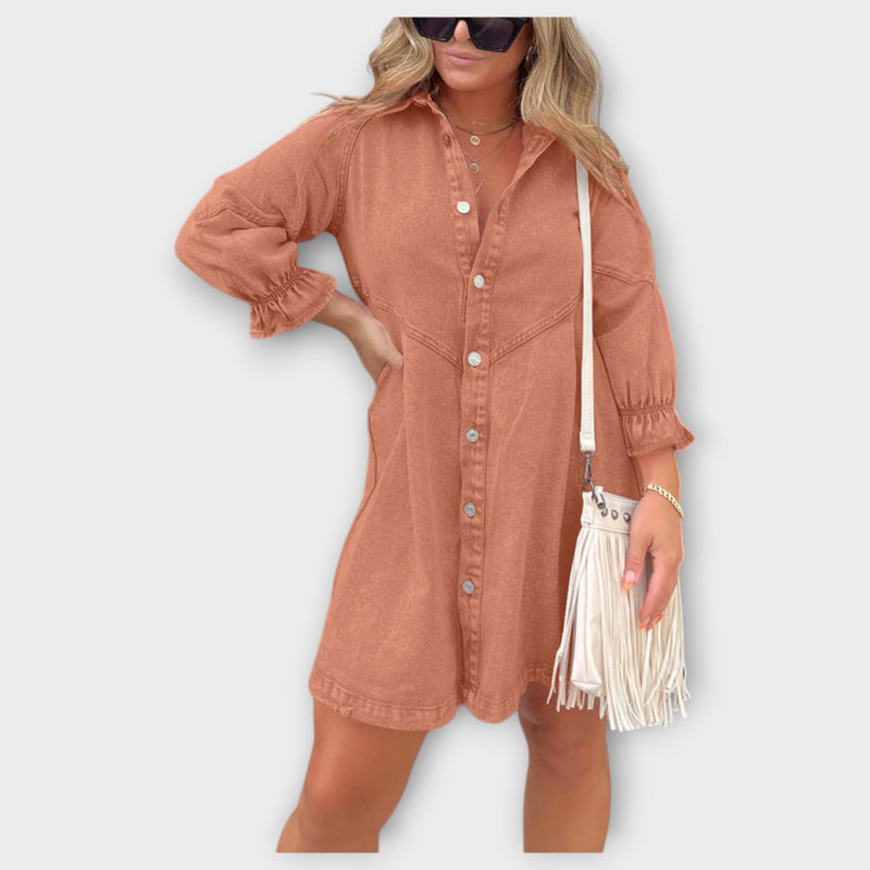 Galilea - Stylish Denim Midi Dress with Turn-Down Collar