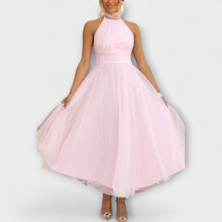 Pearlina - Elegant High Neck Mesh Dress