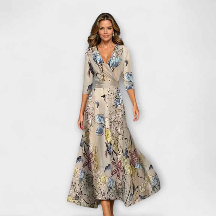 Emily - Floral High-Waisted Midi Dress with Three-Quarter Sleeves