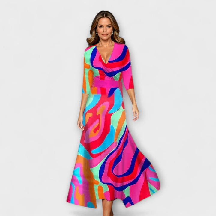 Emily - Floral High-Waisted Midi Dress with Three-Quarter Sleeves