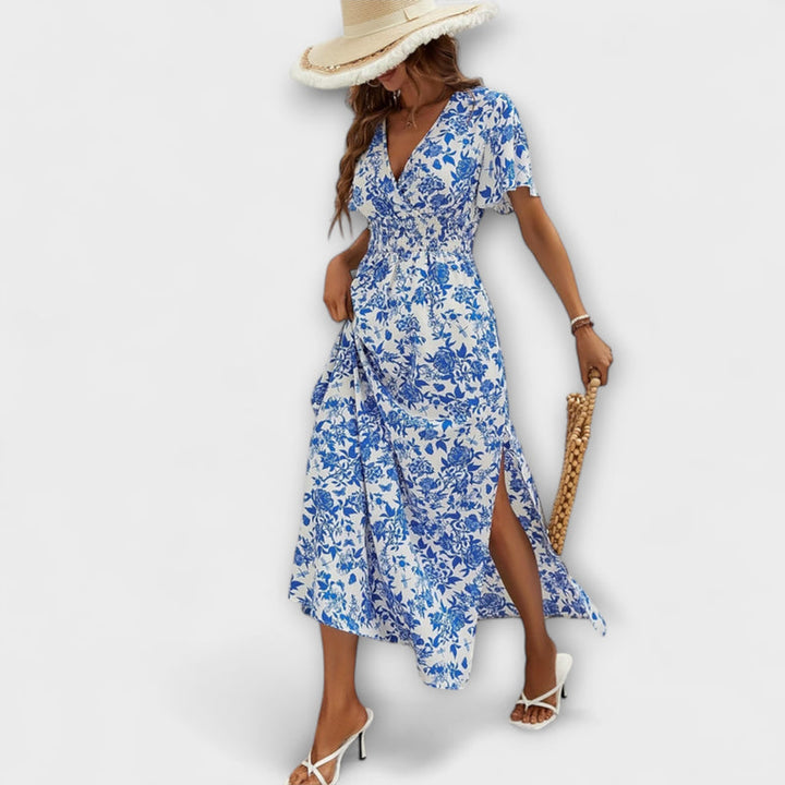 Bea - Bohemian V-Neck Blue Coastal Dress