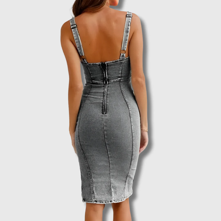 Hester - Fitted Halter Neck Denim Dress
