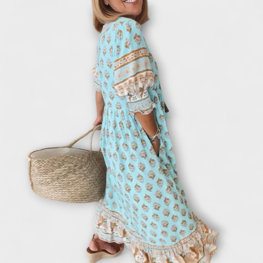 Jasmine - Boho Maxi Dress with Relaxed Long Lantern Sleeves