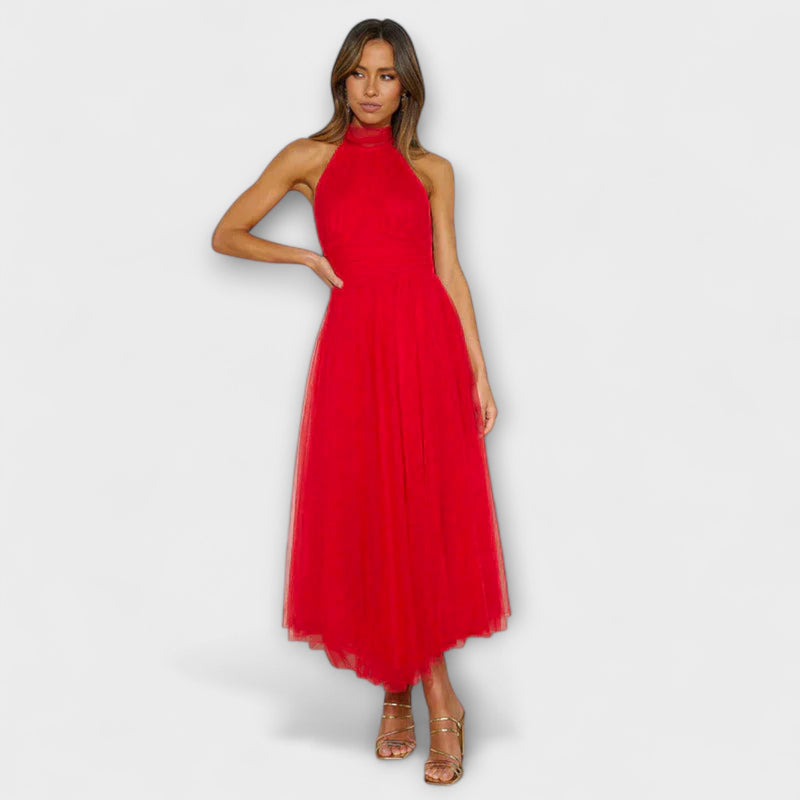 Pearlina - Elegant High Neck Mesh Dress