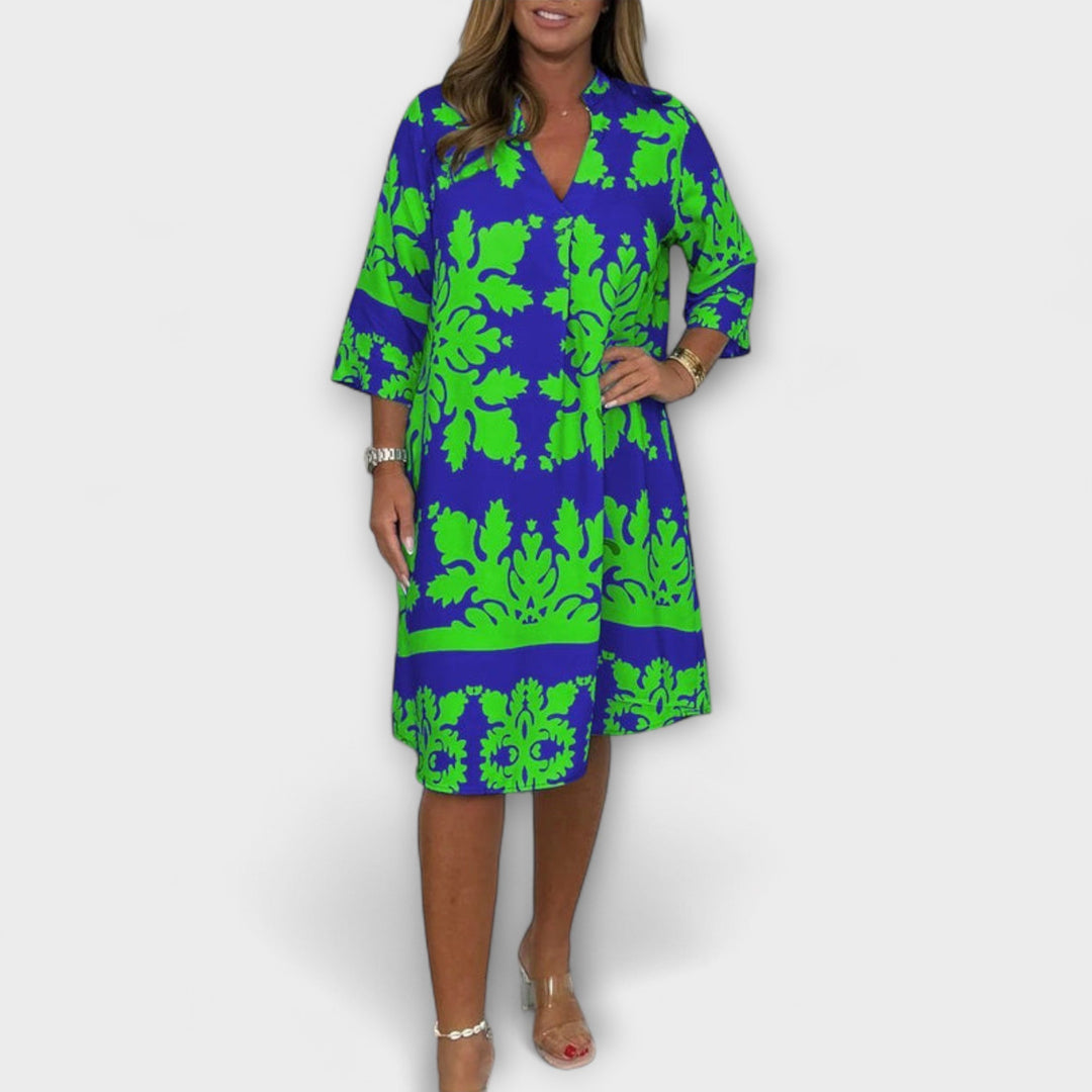 Kenzie - Bohemian Vintage Print V-Neck Dress with Cropped Sleeves