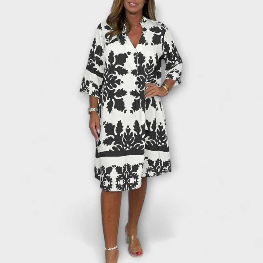Kenzie - Bohemian Vintage Print V-Neck Dress with Cropped Sleeves
