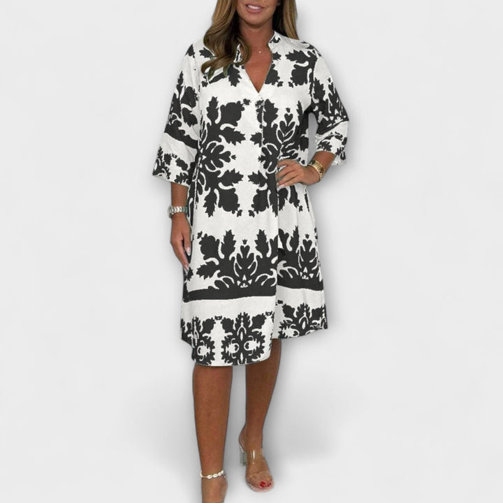 Kenzie - Bohemian Vintage Print V-Neck Dress with Cropped Sleeves