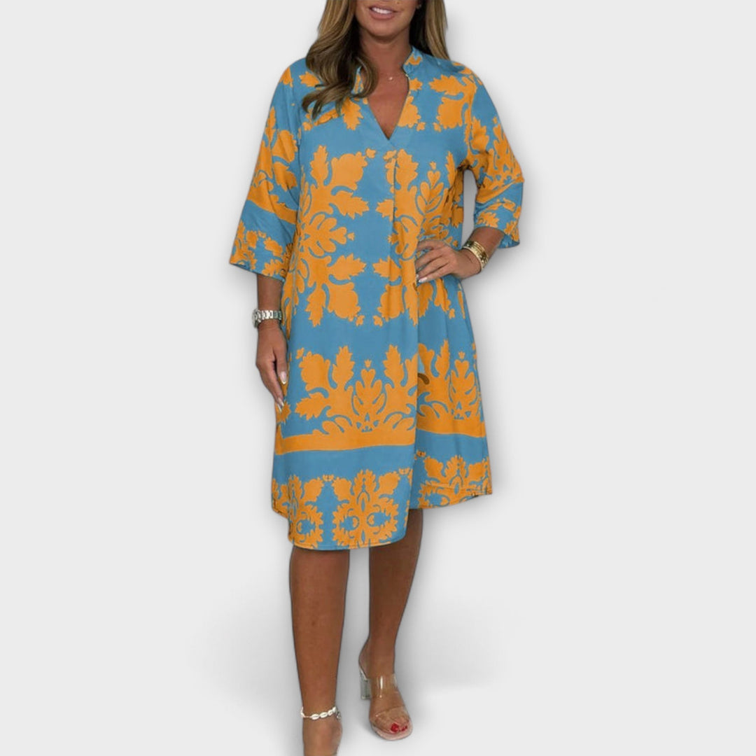 Kenzie - Bohemian Vintage Print V-Neck Dress with Cropped Sleeves