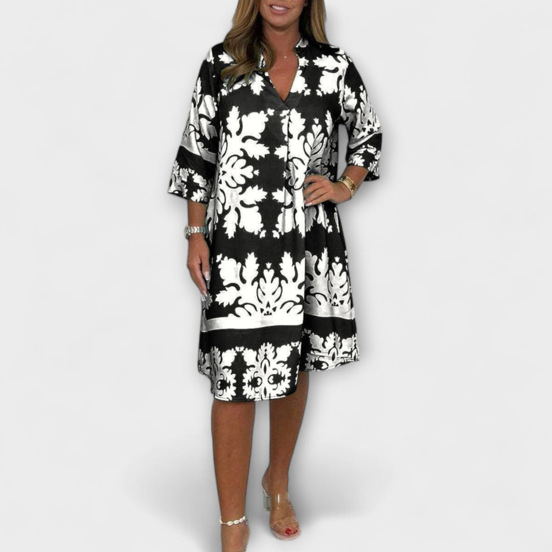 Kenzie - Bohemian Vintage Print V-Neck Dress with Cropped Sleeves