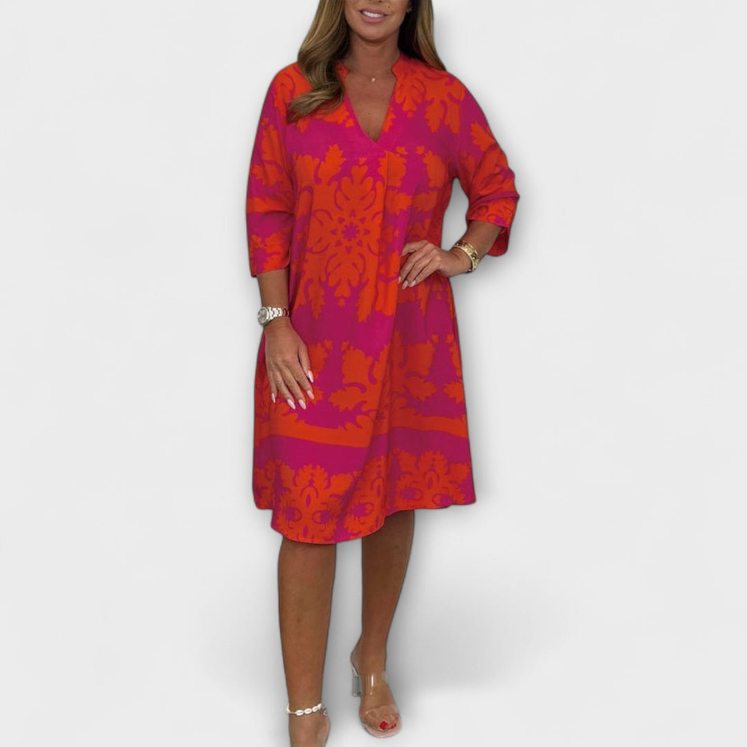 Kenzie - Bohemian Vintage Print V-Neck Dress with Cropped Sleeves