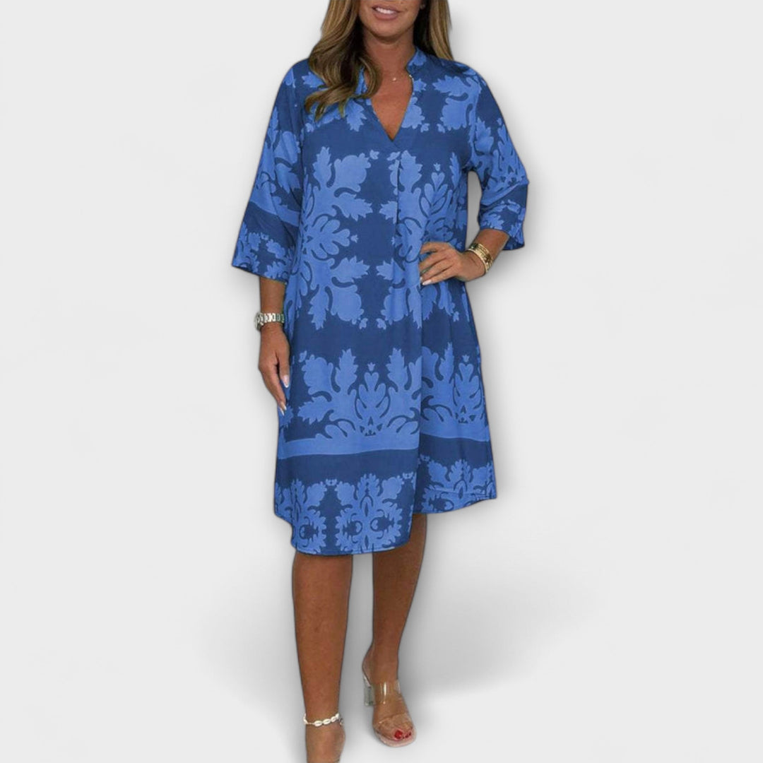 Kenzie - Bohemian Vintage Print V-Neck Dress with Cropped Sleeves