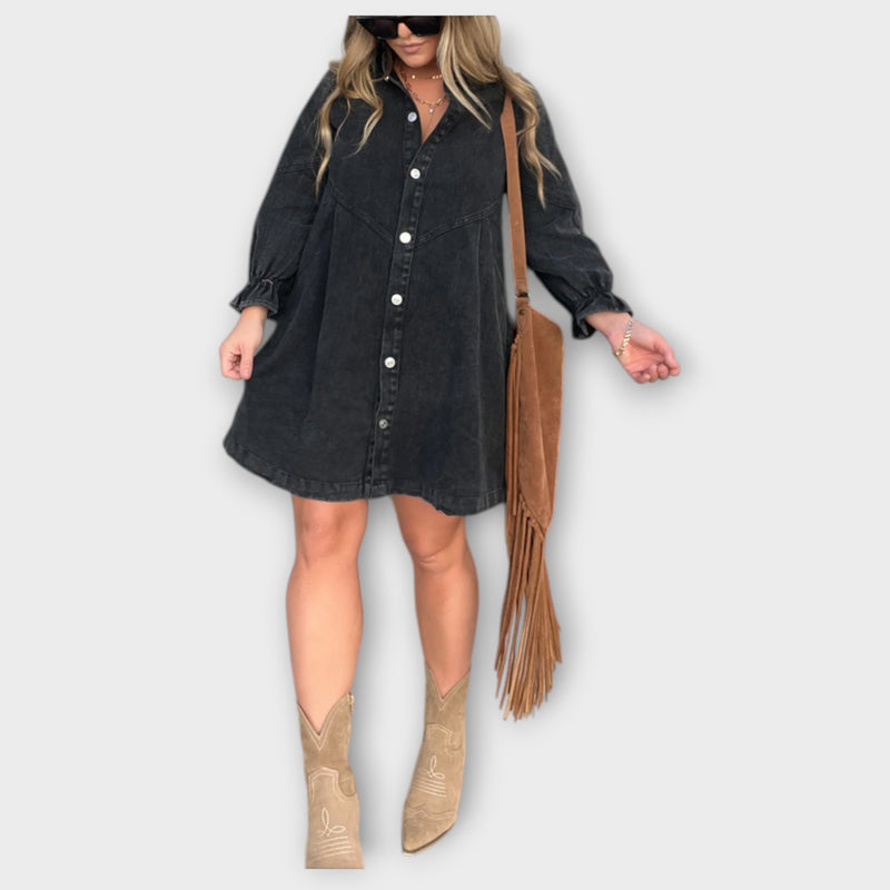 Galilea - Stylish Denim Midi Dress with Turn-Down Collar