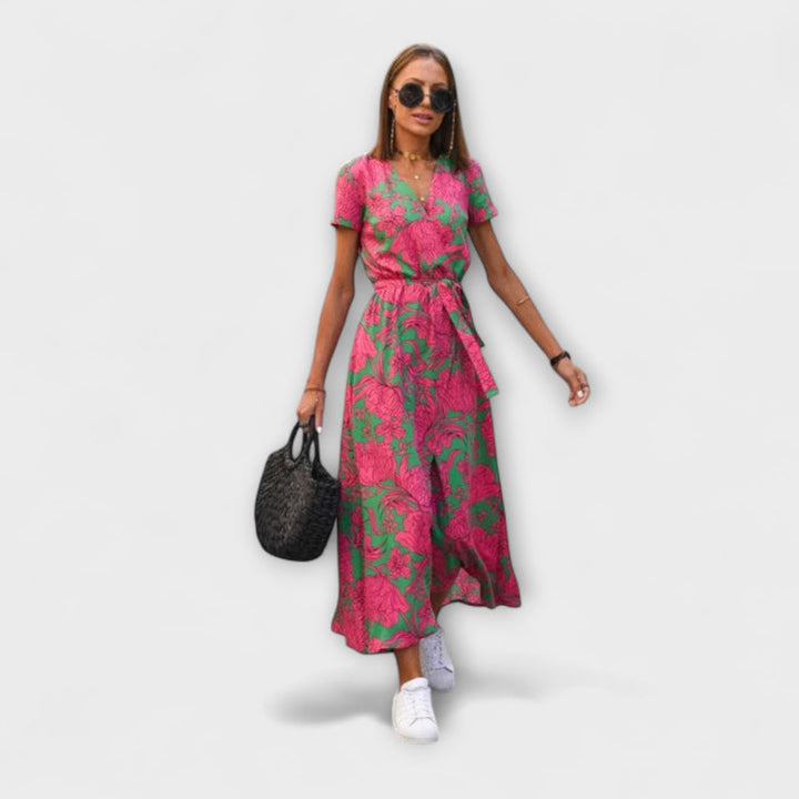 Vada - Sunset Stroll V-Neck Printed Dress with Slit