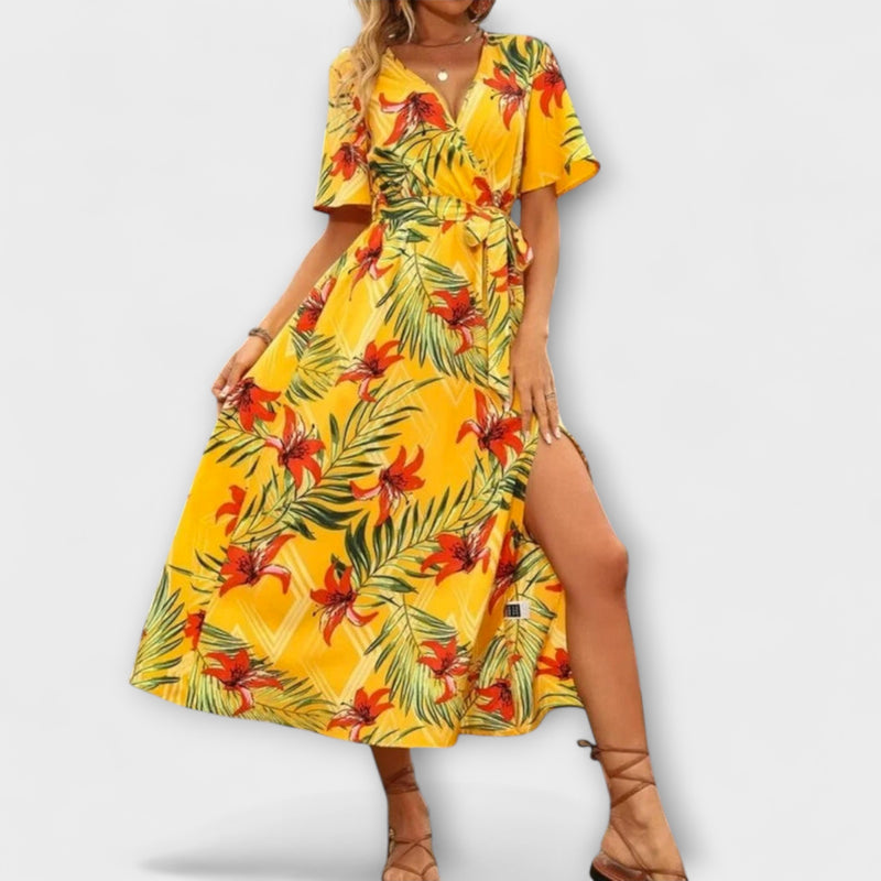 Lucille - V-Neck Printed Split Dress for Beach Getaways