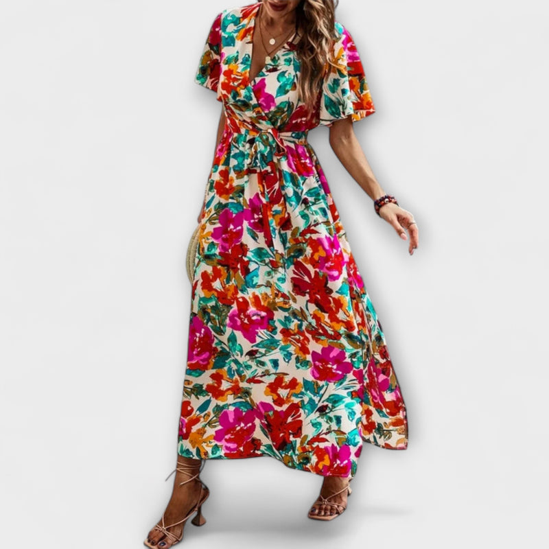 Lucille - V-Neck Printed Split Dress for Beach Getaways