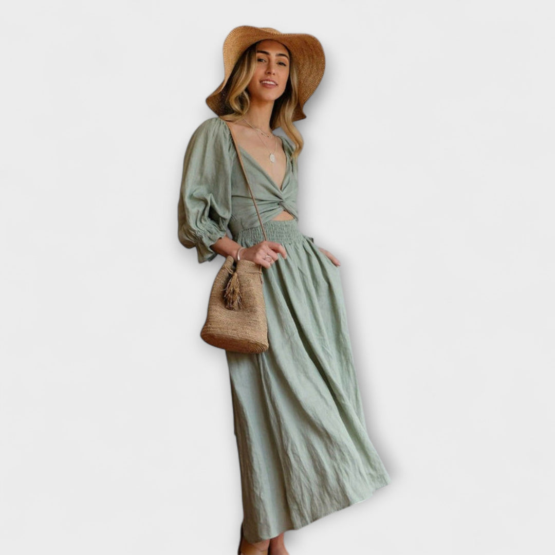 Aviana - Chic Reversible Maxi Dress with Puff Sleeves