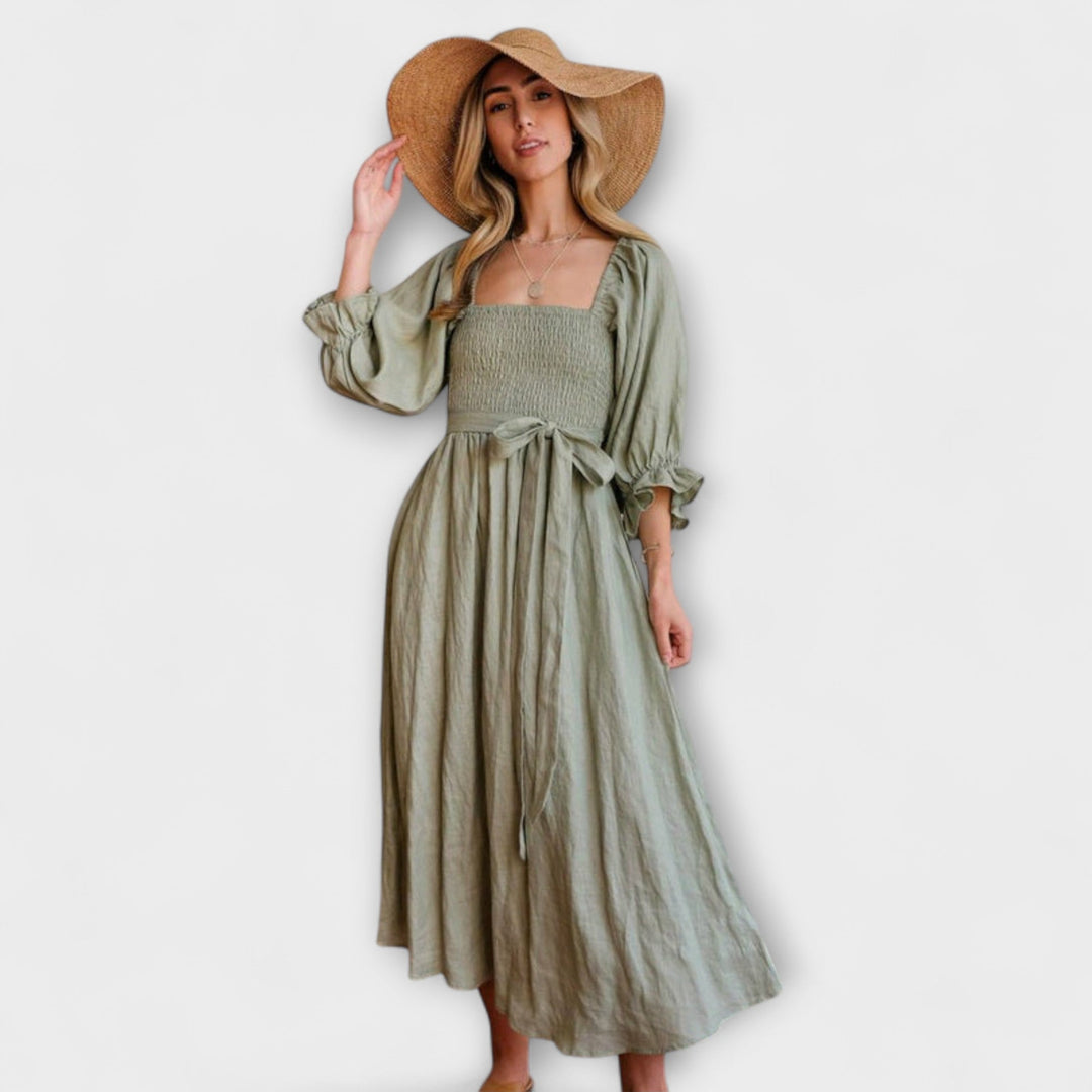 Aviana - Chic Reversible Maxi Dress with Puff Sleeves