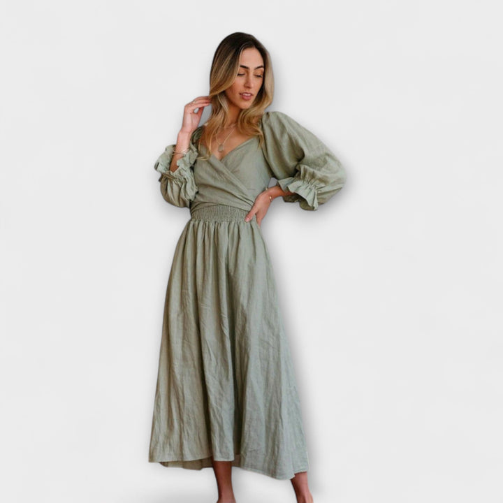 Aviana - Chic Reversible Maxi Dress with Puff Sleeves