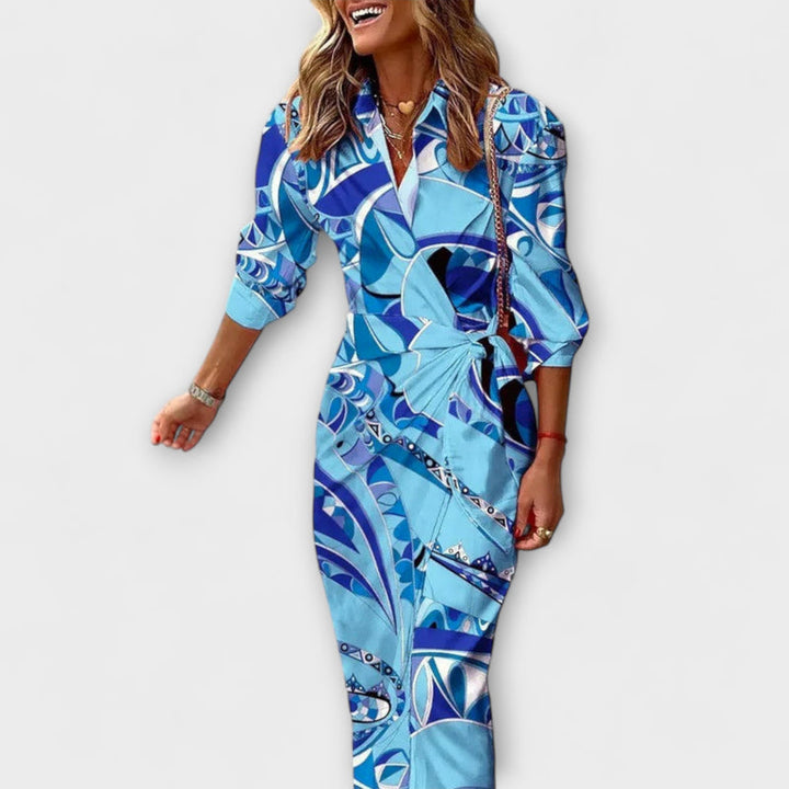 Zella - Striped Lace-Up Midi Dress with Fashionable V-Neck