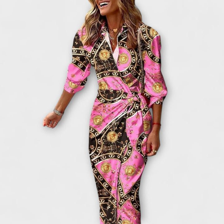 Zella - Striped Lace-Up Midi Dress with Fashionable V-Neck