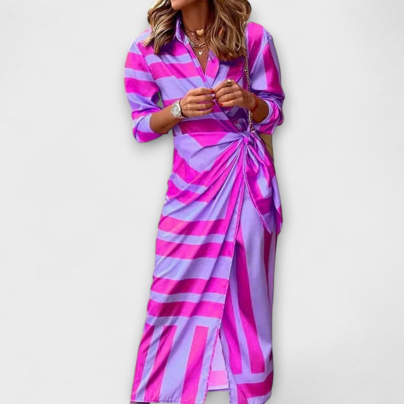 Zella - Striped Lace-Up Midi Dress with Fashionable V-Neck