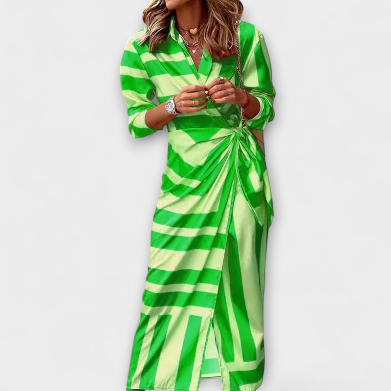 Zella - Striped Lace-Up Midi Dress with Fashionable V-Neck