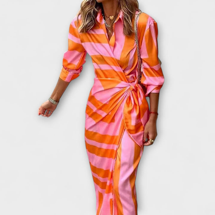 Zella - Striped Lace-Up Midi Dress with Fashionable V-Neck