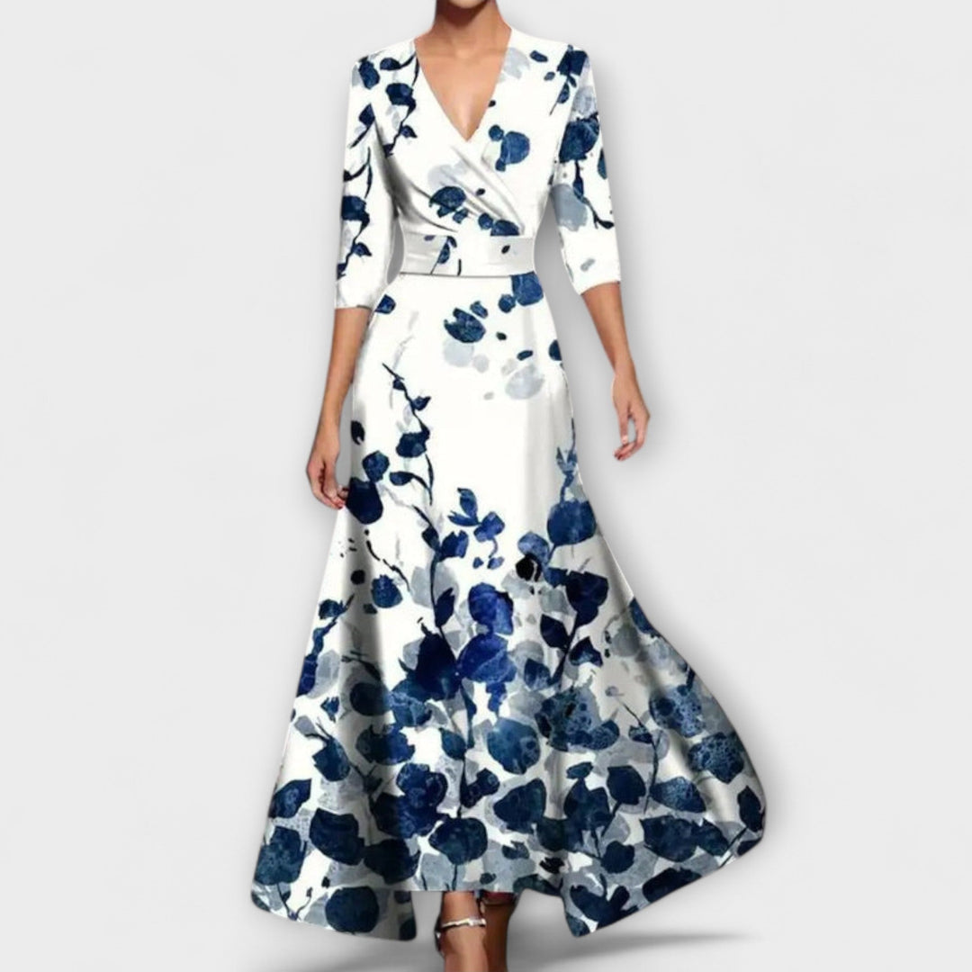 Emily - Floral High-Waisted Midi Dress with Three-Quarter Sleeves