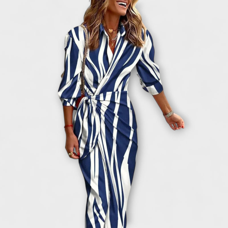 Zella - Striped Lace-Up Midi Dress with Fashionable V-Neck