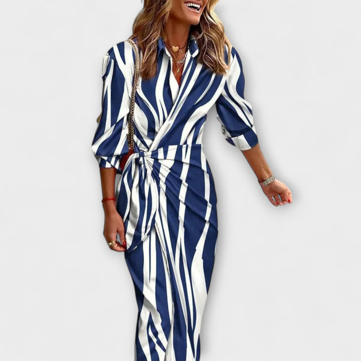 Zella - Striped Lace-Up Midi Dress with Fashionable V-Neck