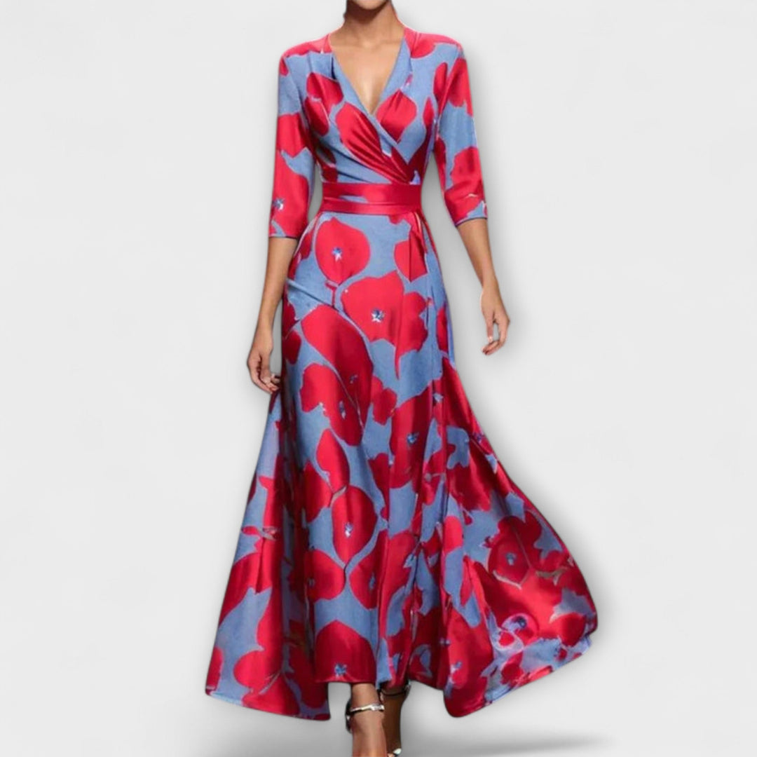 Emily - Floral High-Waisted Midi Dress with Three-Quarter Sleeves