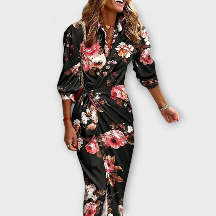 Zella - Striped Lace-Up Midi Dress with Fashionable V-Neck