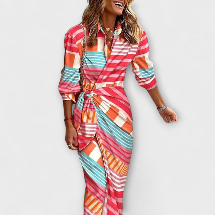 Zella - Striped Lace-Up Midi Dress with Fashionable V-Neck