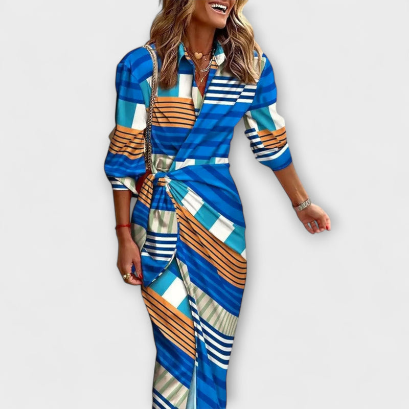 Zella - Striped Lace-Up Midi Dress with Fashionable V-Neck