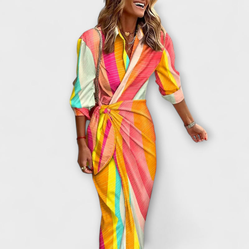 Zella - Striped Lace-Up Midi Dress with Fashionable V-Neck
