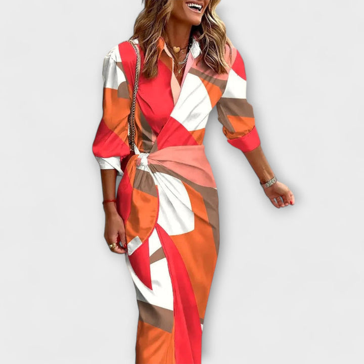 Zella - Striped Lace-Up Midi Dress with Fashionable V-Neck
